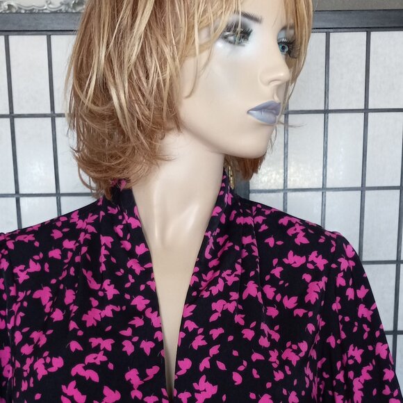 MICHAEL Michael Kors Fuchsia & Black Leaf Print V-Neck Blouse - Stretchy Sz L - Picture 4 of 8